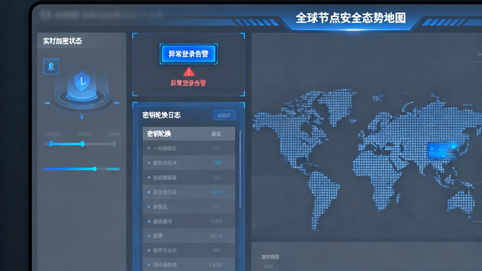 DG视讯数据安全管控后台的仪表盘界面，显示实时加密状态、异常登录告警、密钥轮换日志以及全球节点安全态势地图
