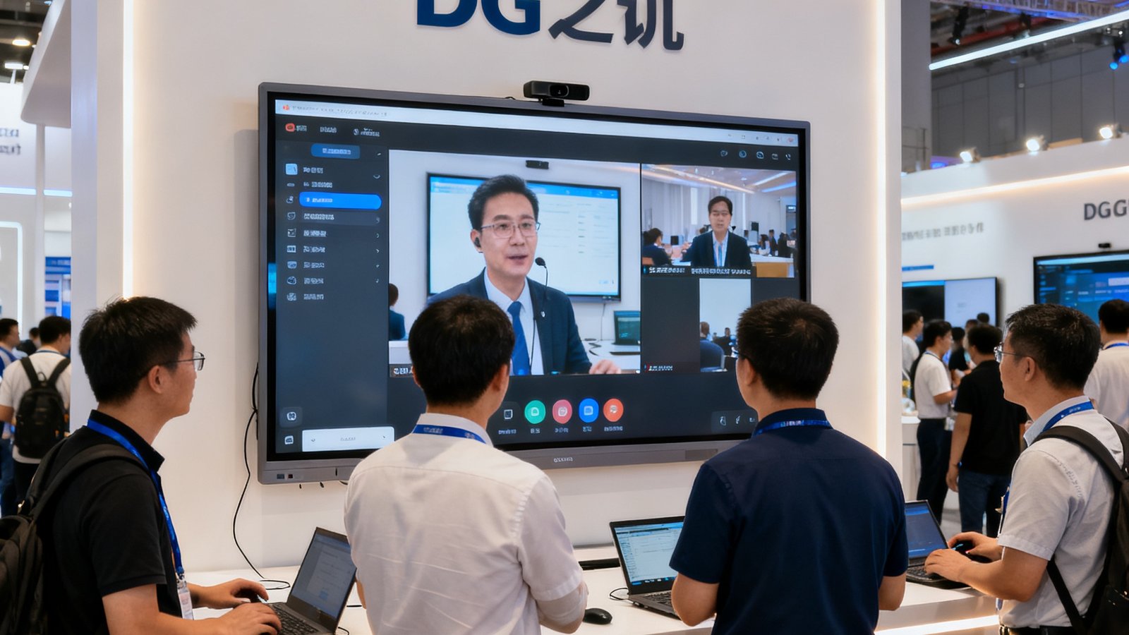DG视讯展台在深圳高交会上的全景照片，展台上展示着视频会议系统的实时演示，参观者正在体验跨平台协作功能