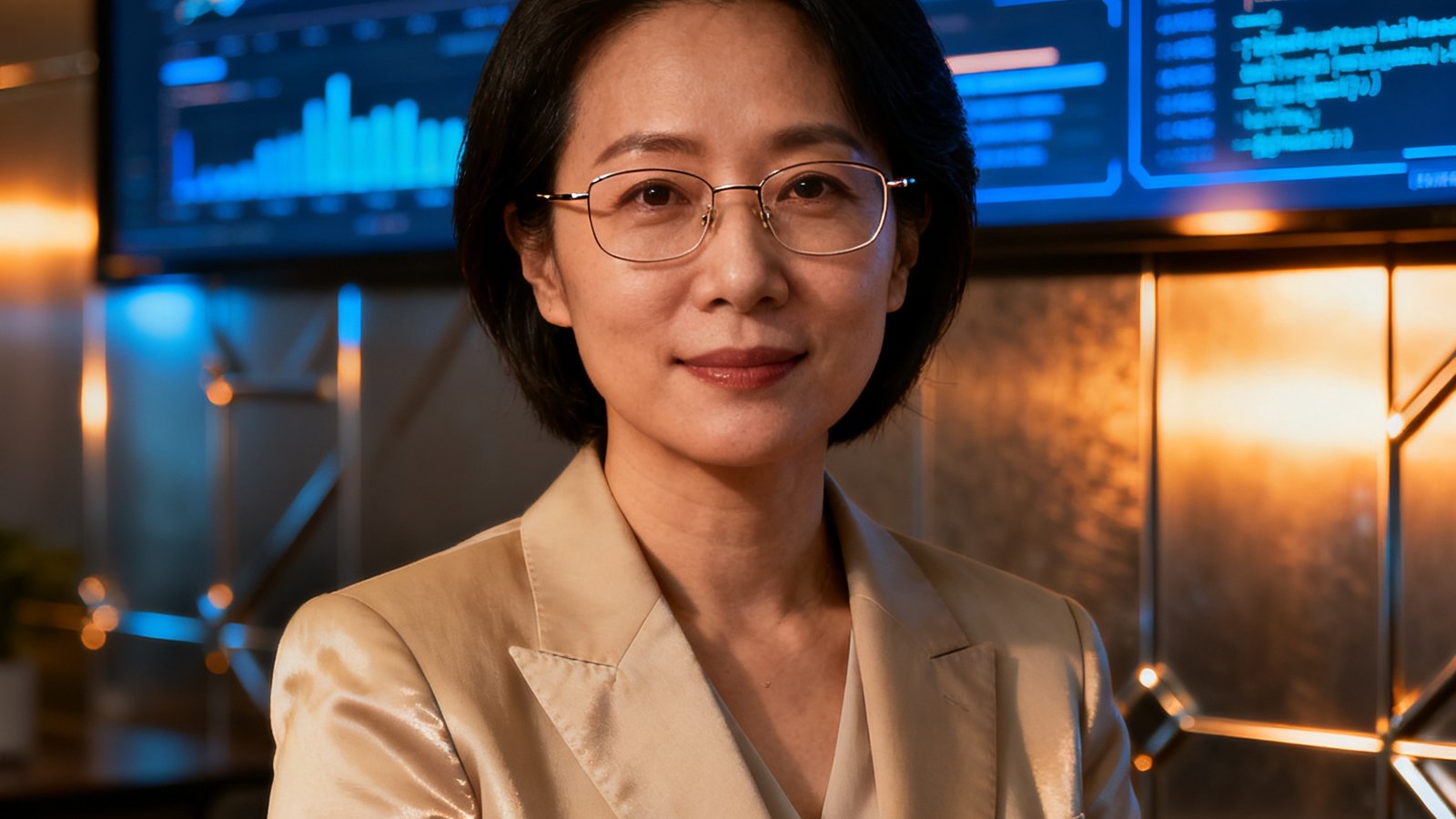 一位35岁女性CTO的近照，戴着细框眼镜，身着米色西装外套，背景为充满科技感的办公室和数据大屏